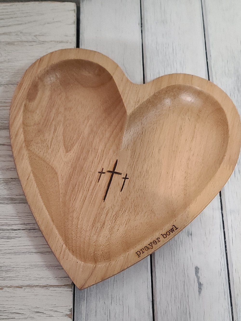 Wooden Heart Prayer Bowl - Natural Carved Wood With 3 Crosses & Prayer Cards NWT